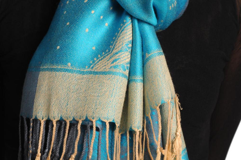 Liss Kiss Grey & Beige Roses Reversed On Blue Pashmina With Tassels - Scarf