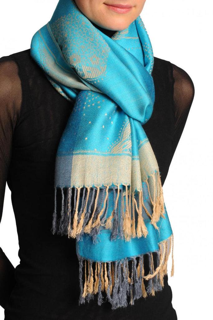 Liss Kiss Grey & Beige Roses Reversed On Blue Pashmina With Tassels - Scarf