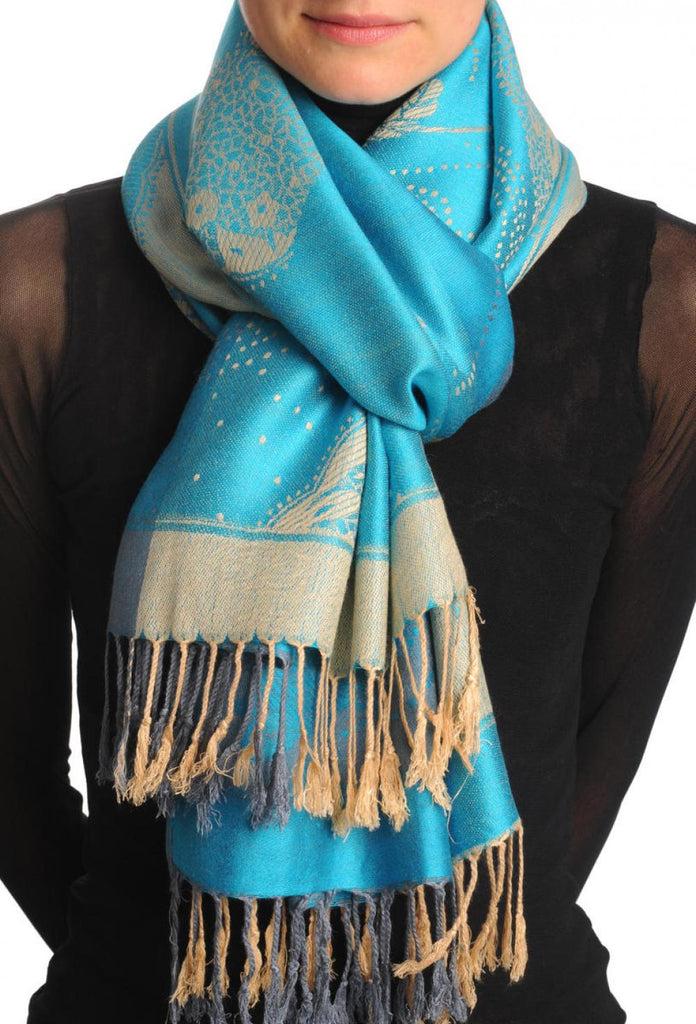 liss kiss Grey & Beige Roses Reversed On Blue Pashmina With Tassels - Scarf