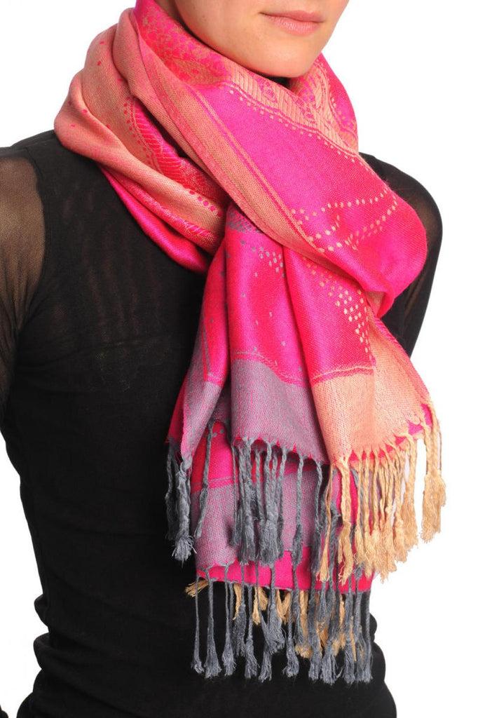 Liss Kiss Grey & Beige Roses Reversed On Bright Pink Pashmina With Tassels - Scarf