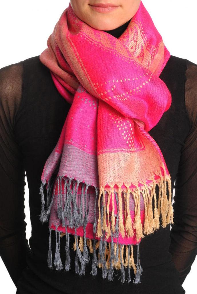 liss kiss Grey & Beige Roses Reversed On Bright Pink Pashmina With Tassels - Scarf