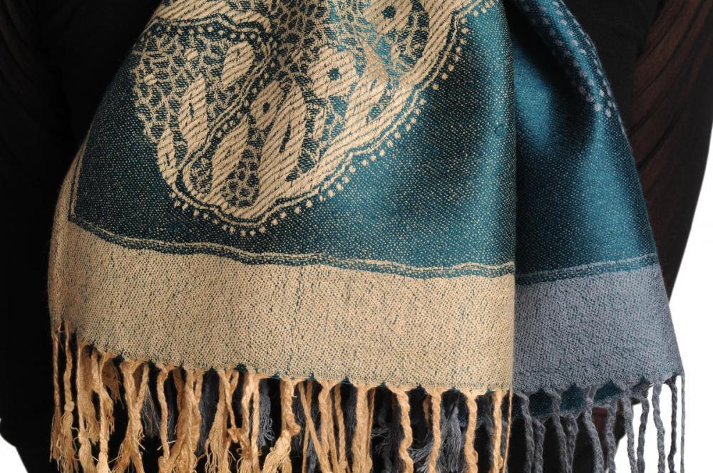 Liss Kiss Grey & Beige Roses Reversed On Prussian Blue Pashmina With Tassels - Scarf
