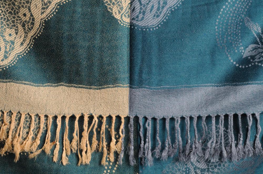 Liss Kiss Grey & Beige Roses Reversed On Prussian Blue Pashmina With Tassels - Scarf
