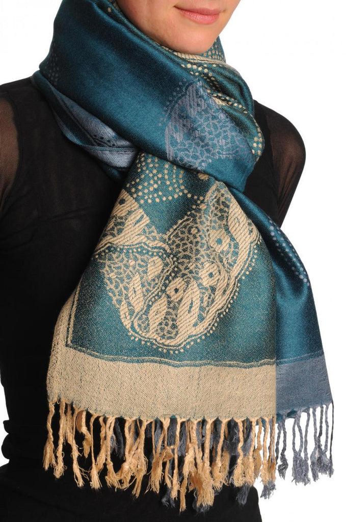 Liss Kiss Grey & Beige Roses Reversed On Prussian Blue Pashmina With Tassels - Scarf