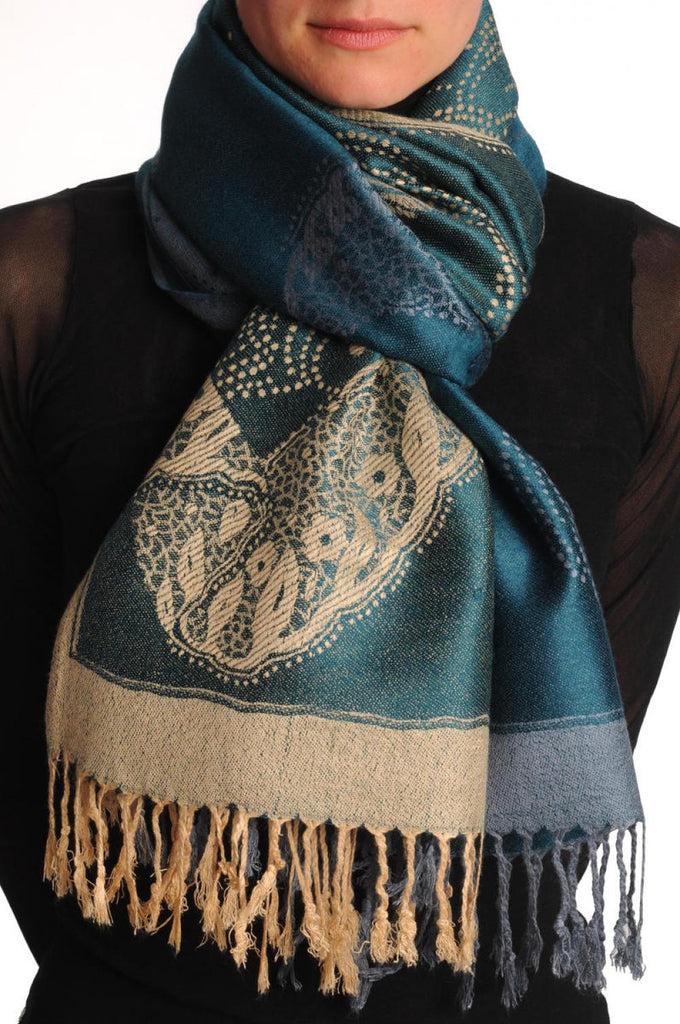 liss kiss Grey & Beige Roses Reversed On Prussian Blue Pashmina With Tassels - Scarf