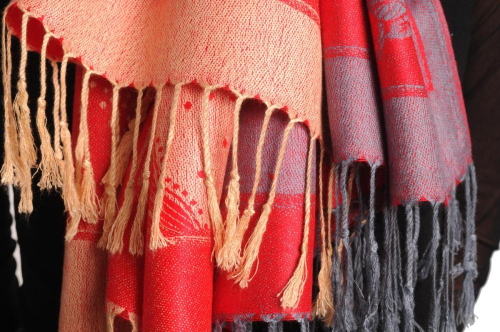 Liss Kiss Grey & Beige Roses Reversed On Red Pashmina With Tassels - Scarf