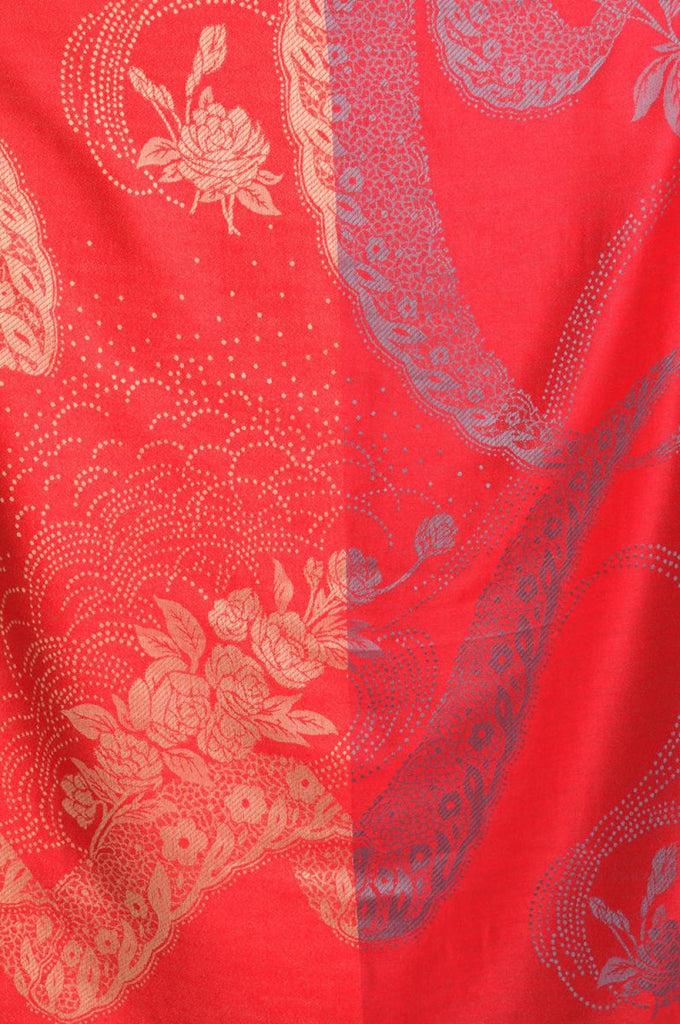 Liss Kiss Grey & Beige Roses Reversed On Red Pashmina With Tassels - Scarf