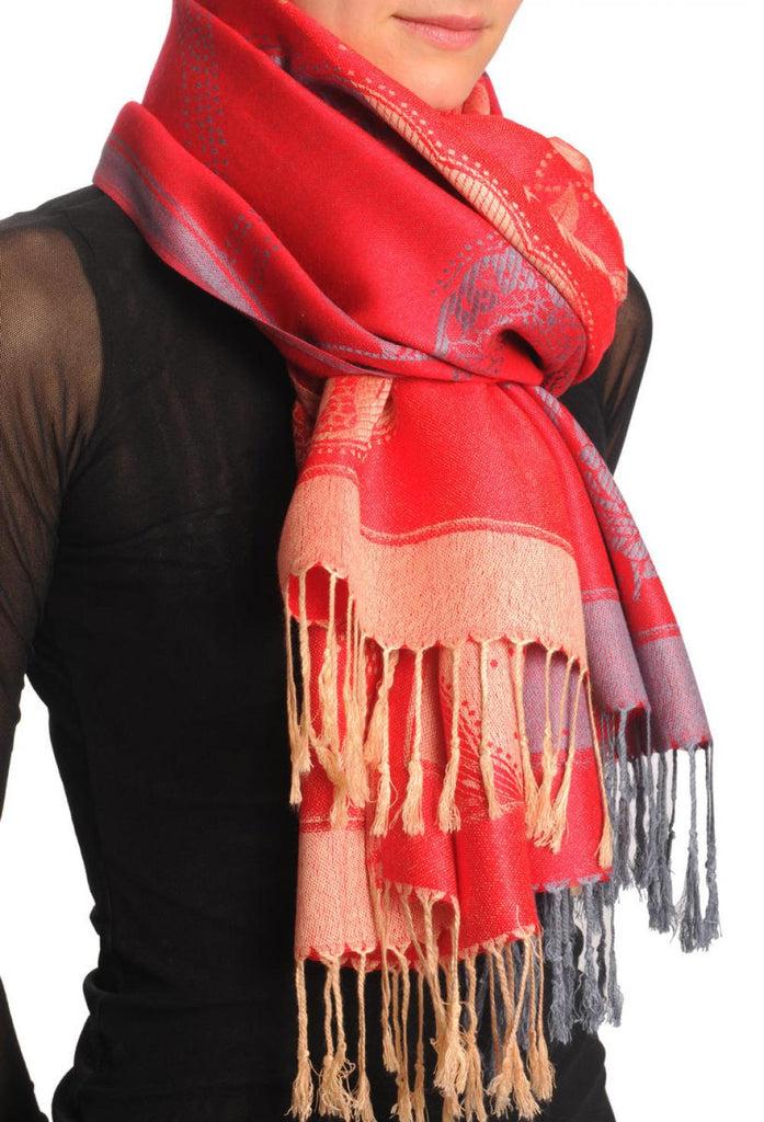 Liss Kiss Grey & Beige Roses Reversed On Red Pashmina With Tassels - Scarf
