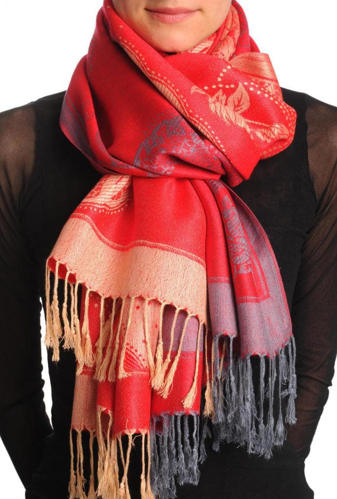 liss kiss Grey & Beige Roses Reversed On Red Pashmina With Tassels - Scarf