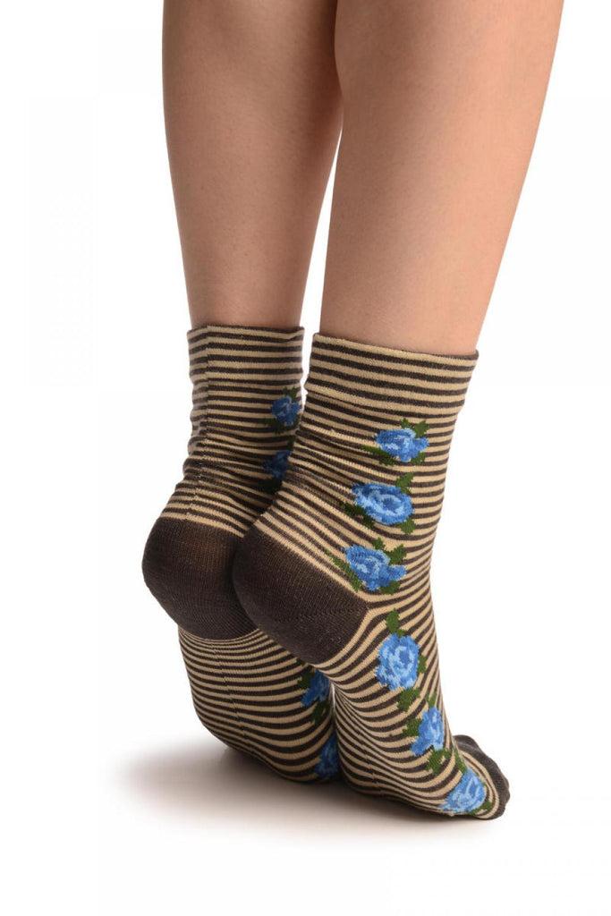 Liss Kiss Grey & Beige Stripes & Roses With Comfort Top Ankle High Socks - Socks