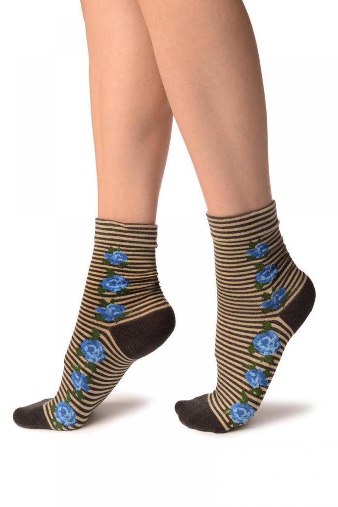 Liss Kiss Grey & Beige Stripes & Roses With Comfort Top Ankle High Socks - Socks