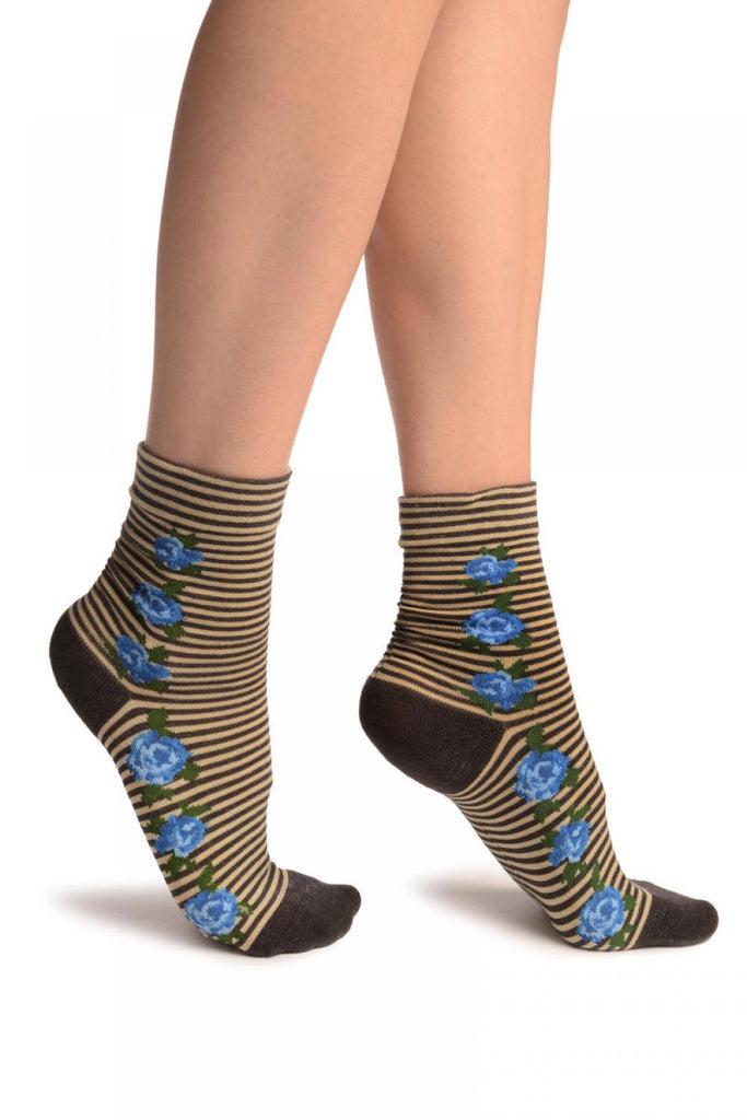 liss kiss Grey & Beige Stripes & Roses With Comfort Top Ankle High Socks - Socks