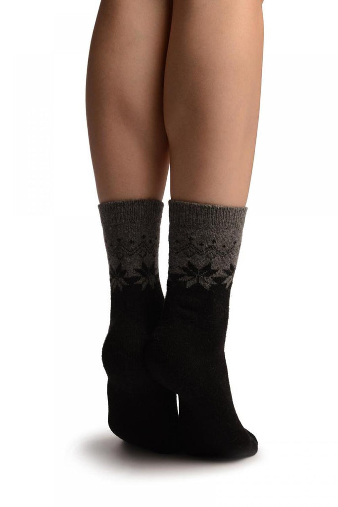 Liss Kiss Grey & Black Duo With Snowflakes Angora Ankle High Socks - Socks