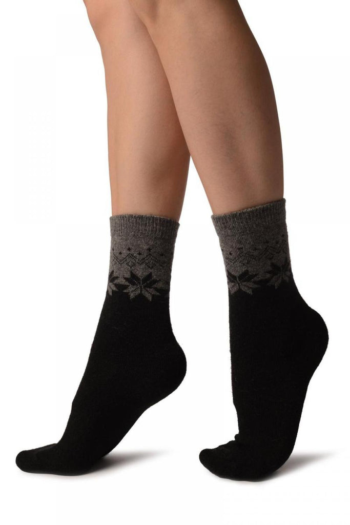 Liss Kiss Grey & Black Duo With Snowflakes Angora Ankle High Socks - Socks