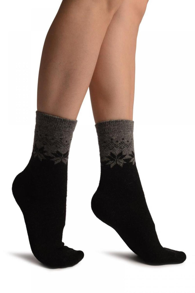 liss kiss Grey & Black Duo With Snowflakes Angora Ankle High Socks - Socks