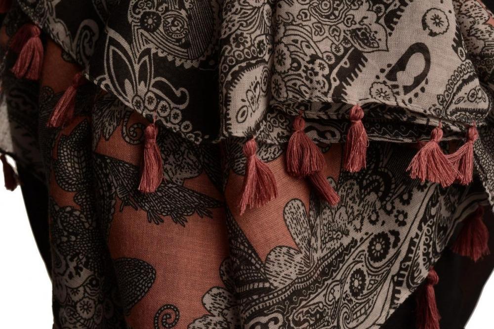 Liss Kiss Grey & Black Paisley On Pink Scarf With Tassels - Scarf