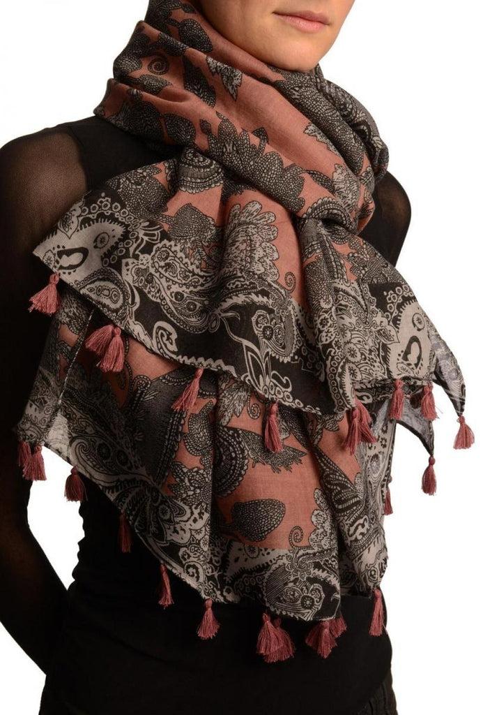 Liss Kiss Grey & Black Paisley On Pink Scarf With Tassels - Scarf