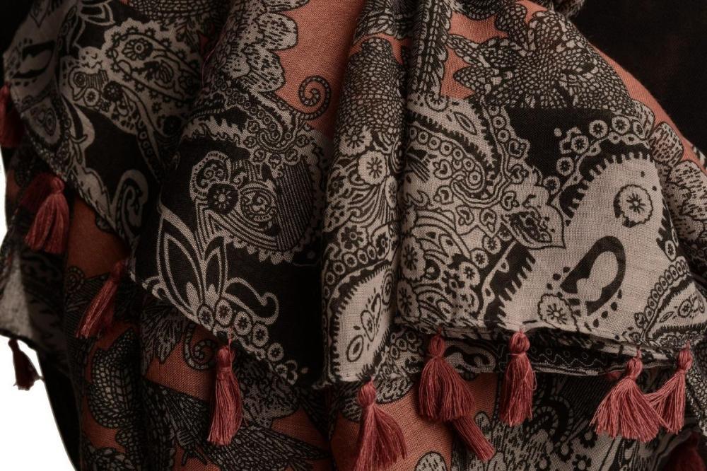 Liss Kiss Grey & Black Paisley On Pink Scarf With Tassels - Scarf