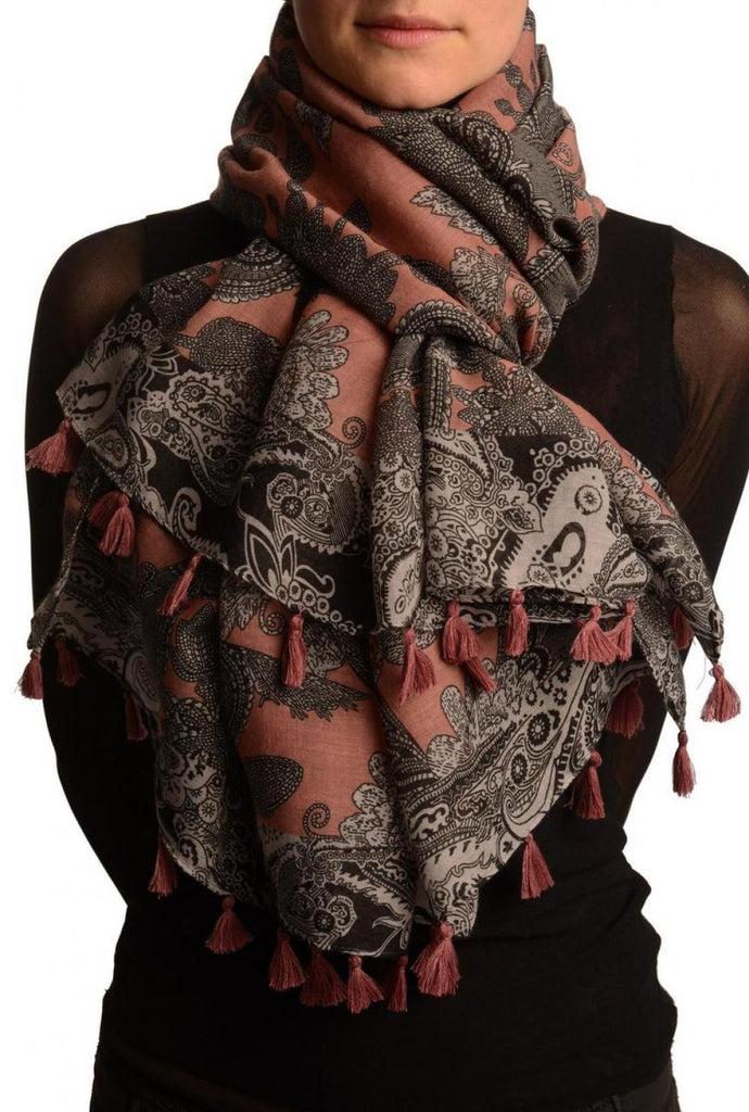 liss kiss Grey & Black Paisley On Pink Scarf With Tassels - Scarf