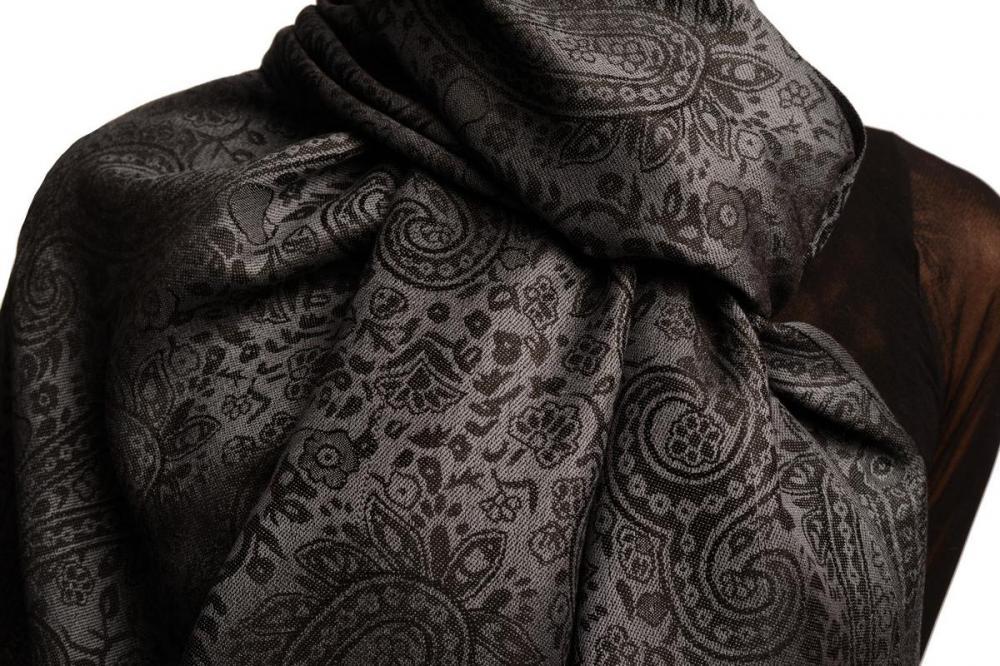 Liss Kiss Grey & Black Paisleys Pashmina Feel With Tassels - Scarf
