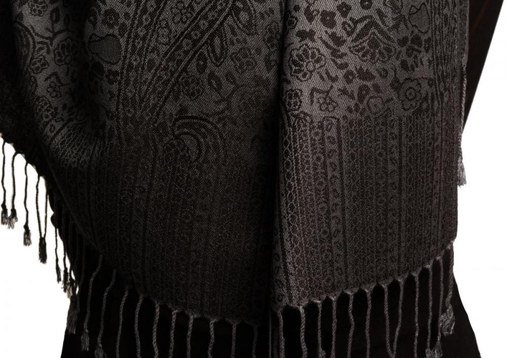 Liss Kiss Grey & Black Paisleys Pashmina Feel With Tassels - Scarf