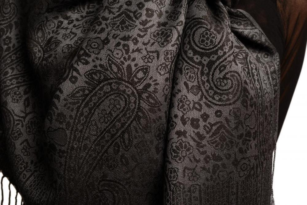 Liss Kiss Grey & Black Paisleys Pashmina Feel With Tassels - Scarf