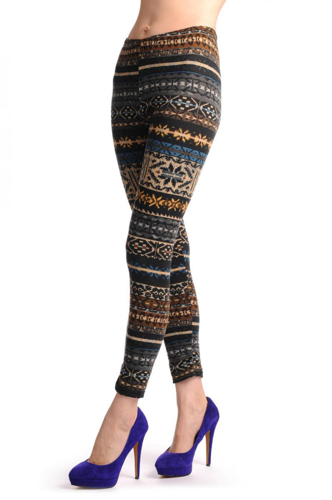 Liss Kiss Grey Blue Brown & Black Aztec Jacquard Knit Print - Leggings