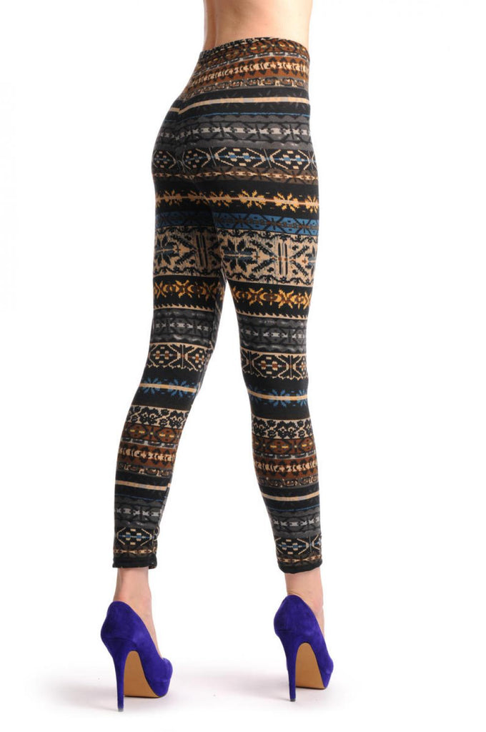 Liss Kiss Grey Blue Brown & Black Aztec Jacquard Knit Print - Leggings