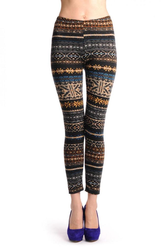 Liss Kiss Grey Blue Brown & Black Aztec Jacquard Knit Print - Leggings