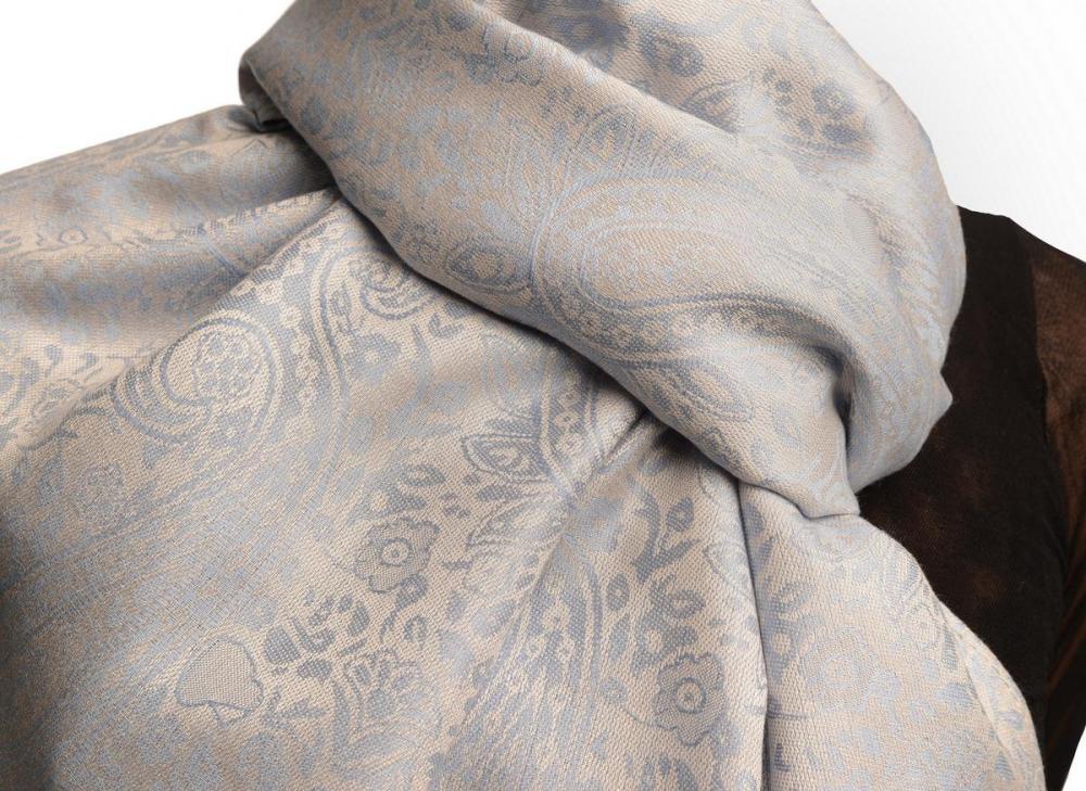 Liss Kiss Grey & Blue Paisleys Pashmina Feel With Tassels - Scarf
