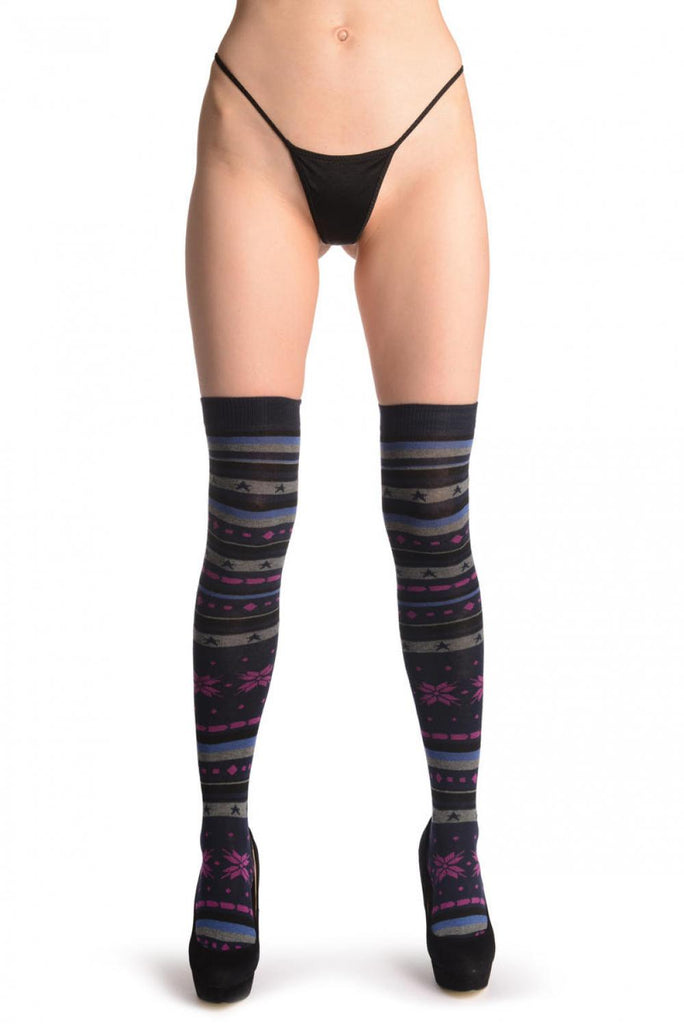 Liss Kiss Grey Blue & Pink Fairisle - Over The Knee Socks