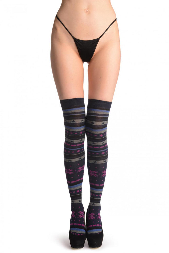 liss kiss Grey Blue & Pink Fairisle - Over The Knee Socks