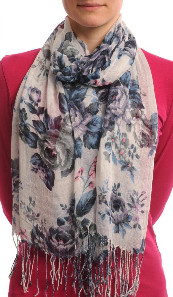 liss kiss Grey Blue & Purple Roses On White With Tassels - Scarf