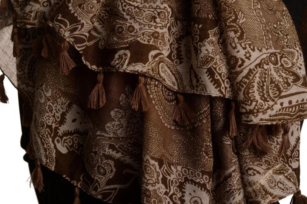 Liss Kiss Grey & Brown Paisley On Brown Scarf With Tassels - Scarf