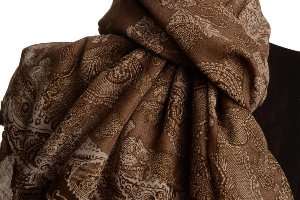 Liss Kiss Grey & Brown Paisley On Brown Scarf With Tassels - Scarf