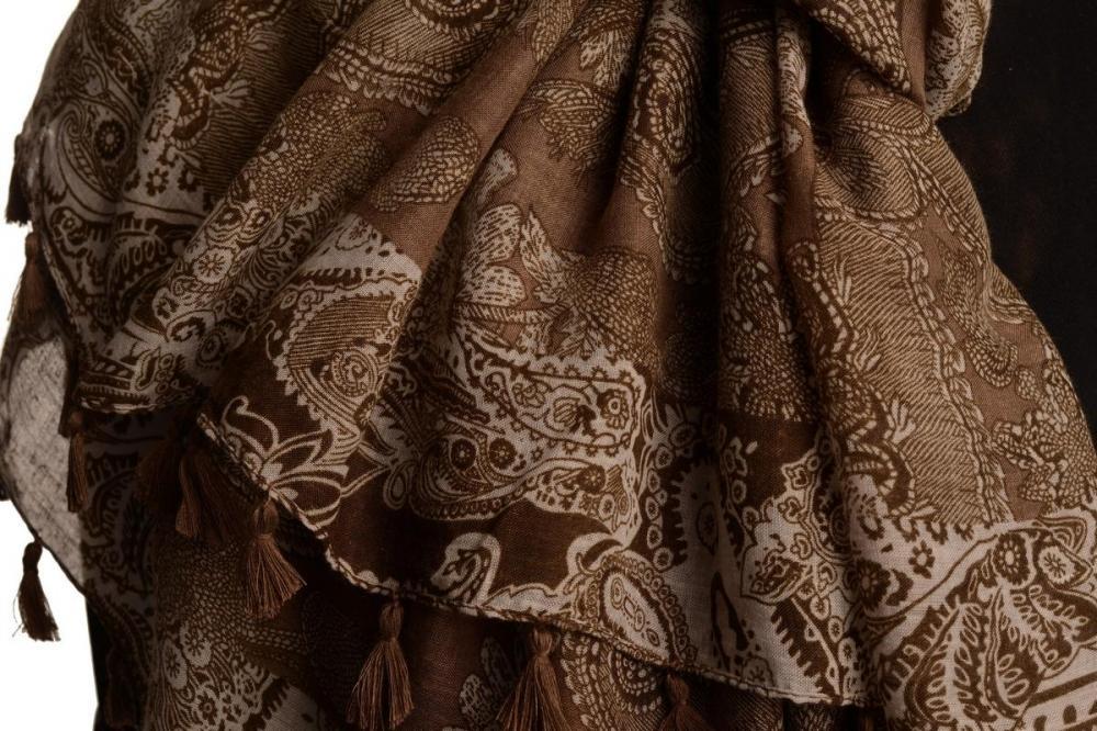 Liss Kiss Grey & Brown Paisley On Brown Scarf With Tassels - Scarf