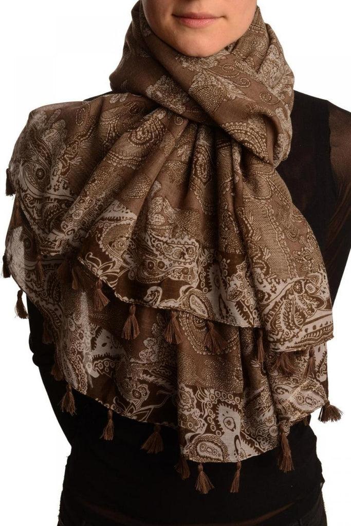 liss kiss Grey & Brown Paisley On Brown Scarf With Tassels - Scarf