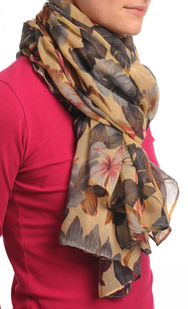 Liss Kiss Grey & Brown Palm Leaves On Mocha Unisex Scarf & Beach Sarong - Scarf