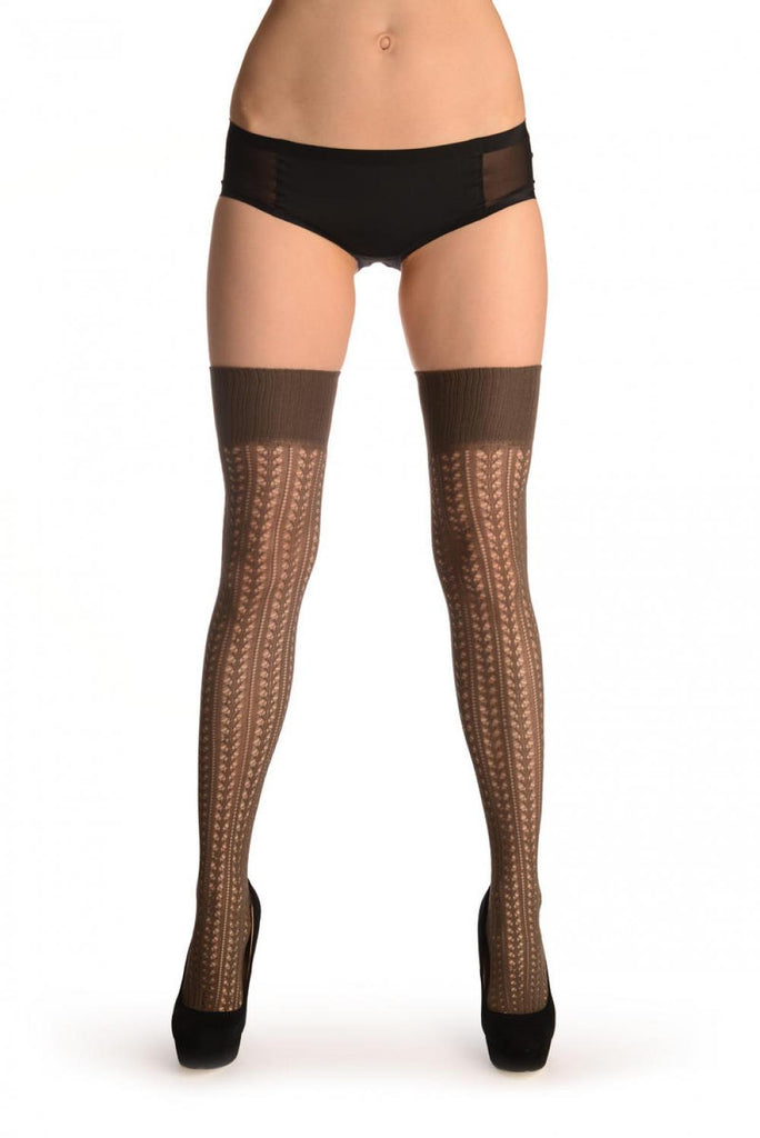 Liss Kiss Grey Burlesque Stripes Crochet Lace With Elasticated Top - Hold Ups