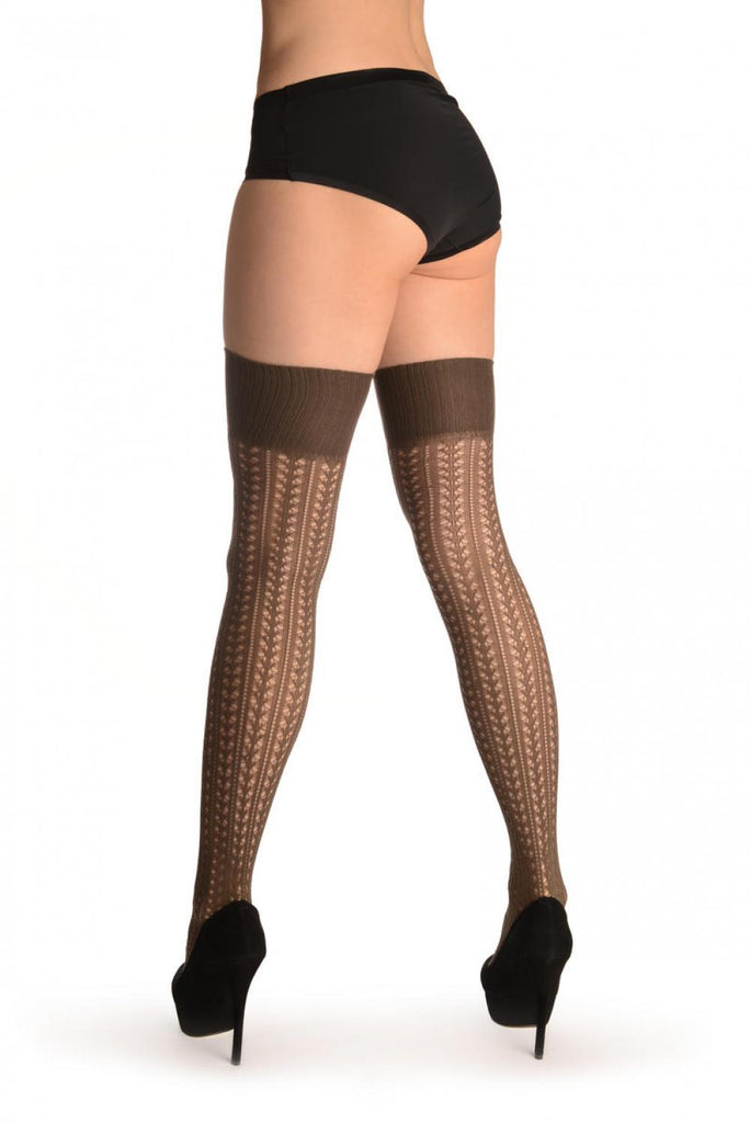 Liss Kiss Grey Burlesque Stripes Crochet Lace With Elasticated Top - Hold Ups