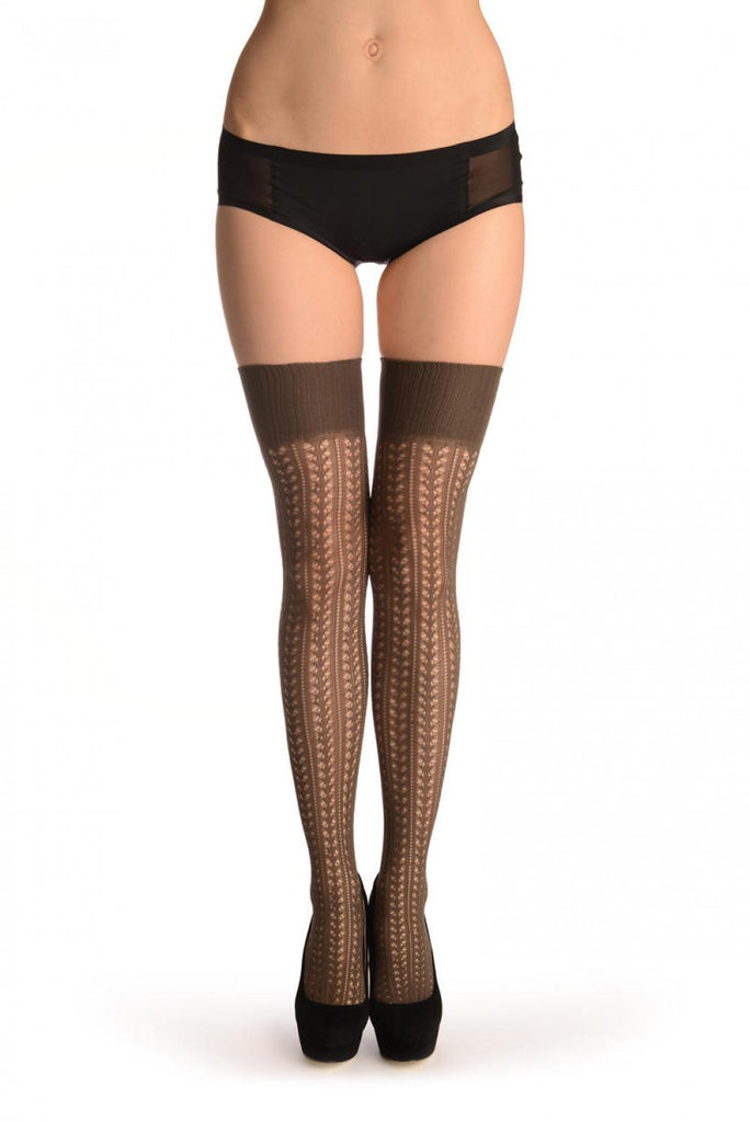 liss kiss Grey Burlesque Stripes Crochet Lace With Elasticated Top - Hold Ups
