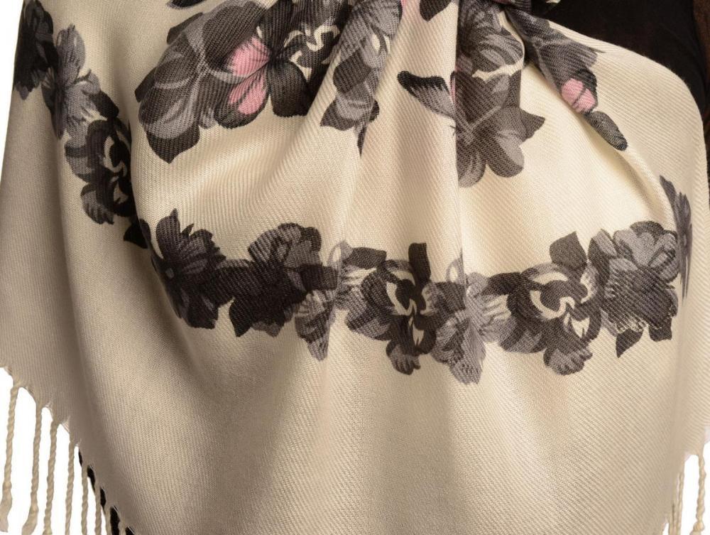 Liss Kiss Grey Butterflies & Flowers On White Pashmina Feel With Tassels - Scarf