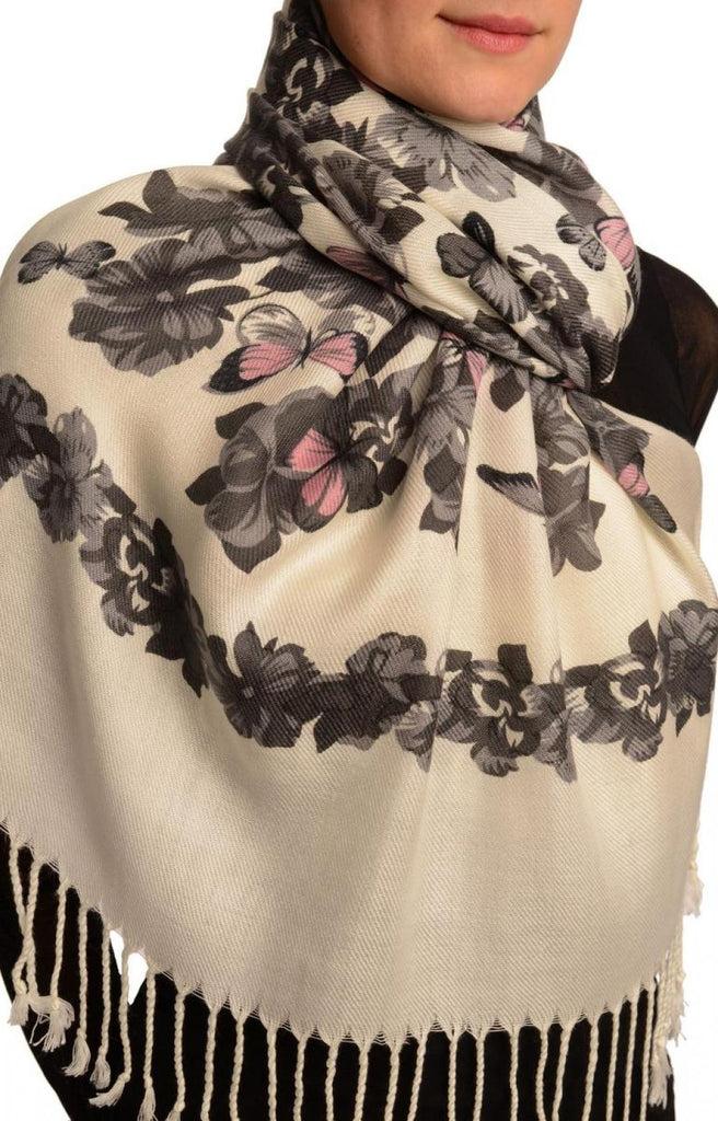 Liss Kiss Grey Butterflies & Flowers On White Pashmina Feel With Tassels - Scarf