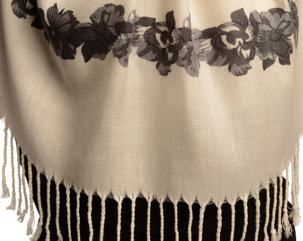 Liss Kiss Grey Butterflies & Flowers On White Pashmina Feel With Tassels - Scarf