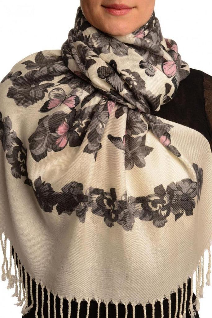 liss kiss Grey Butterflies & Flowers On White Pashmina Feel With Tassels - Scarf
