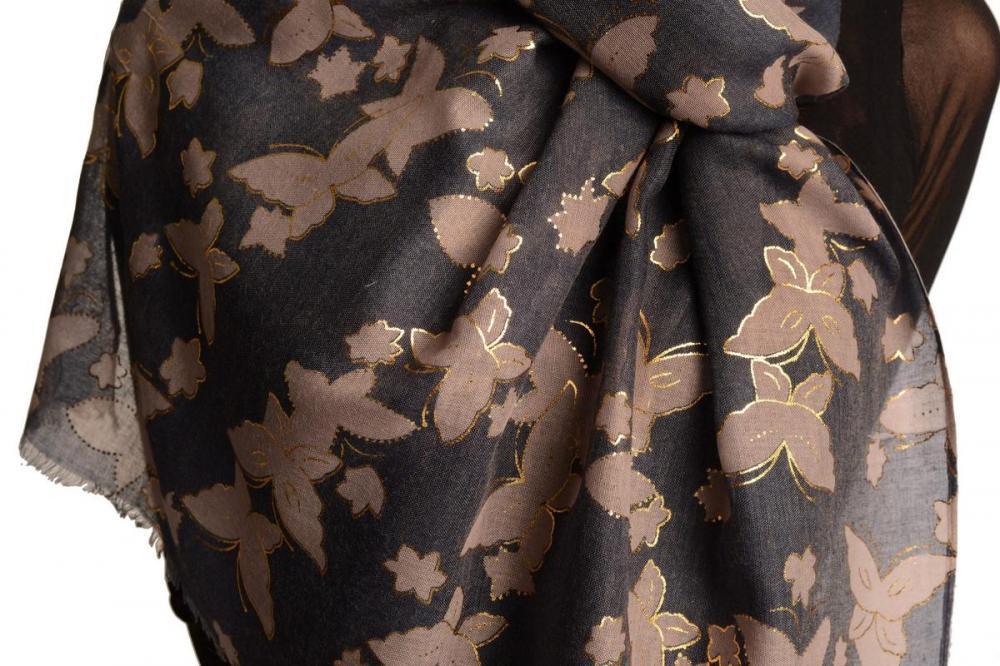 Liss Kiss Grey Butterflies With Gold Trim On Blue Scarf - Scarf