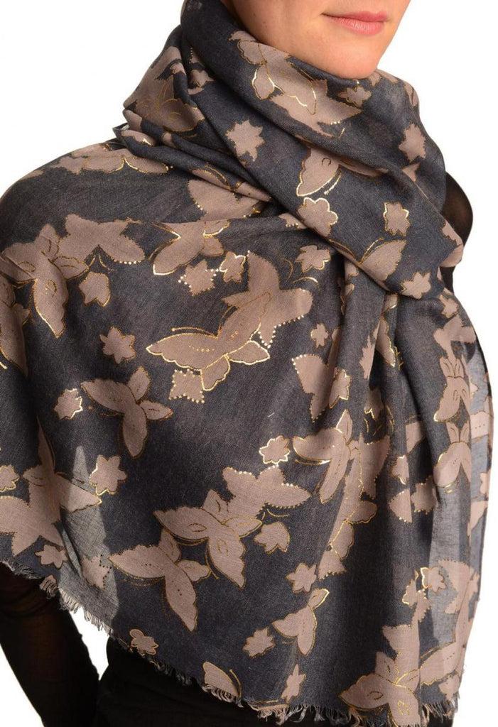 Liss Kiss Grey Butterflies With Gold Trim On Blue Scarf - Scarf