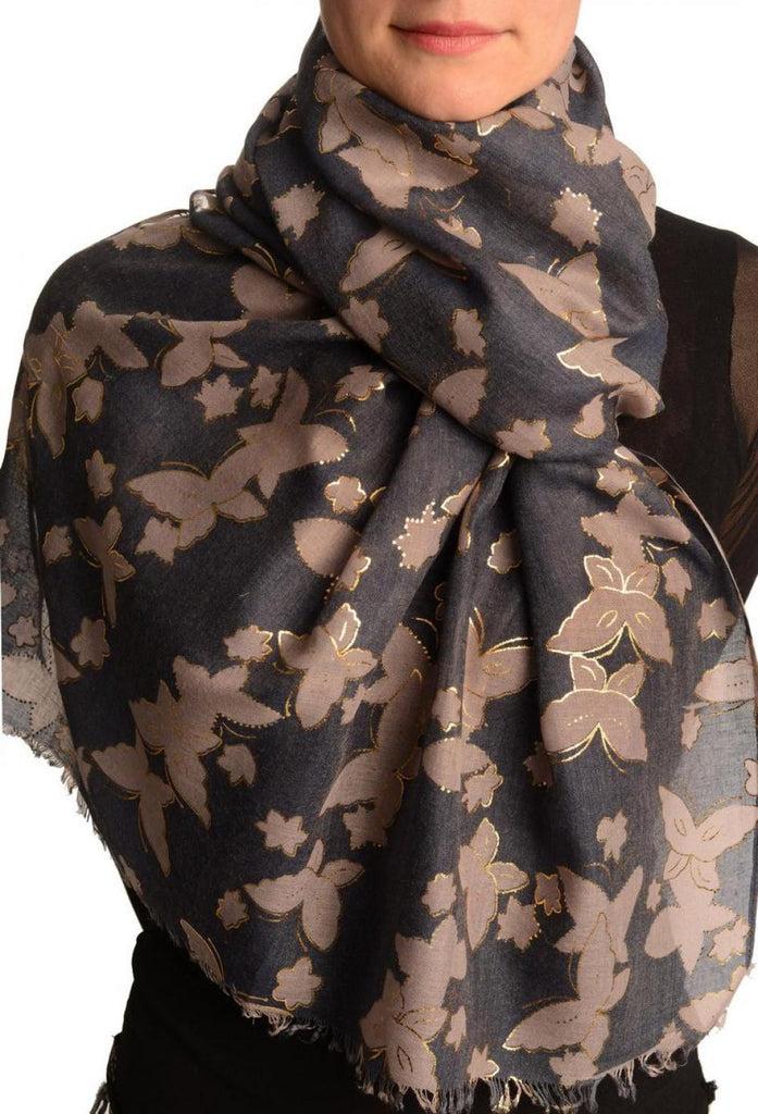 liss kiss Grey Butterflies With Gold Trim On Blue Scarf - Scarf