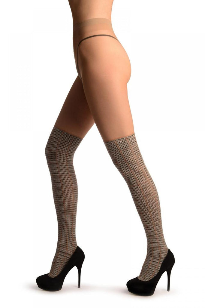 Liss Kiss Grey Checkered Faux Stockings With Lurex On Beige - Tights