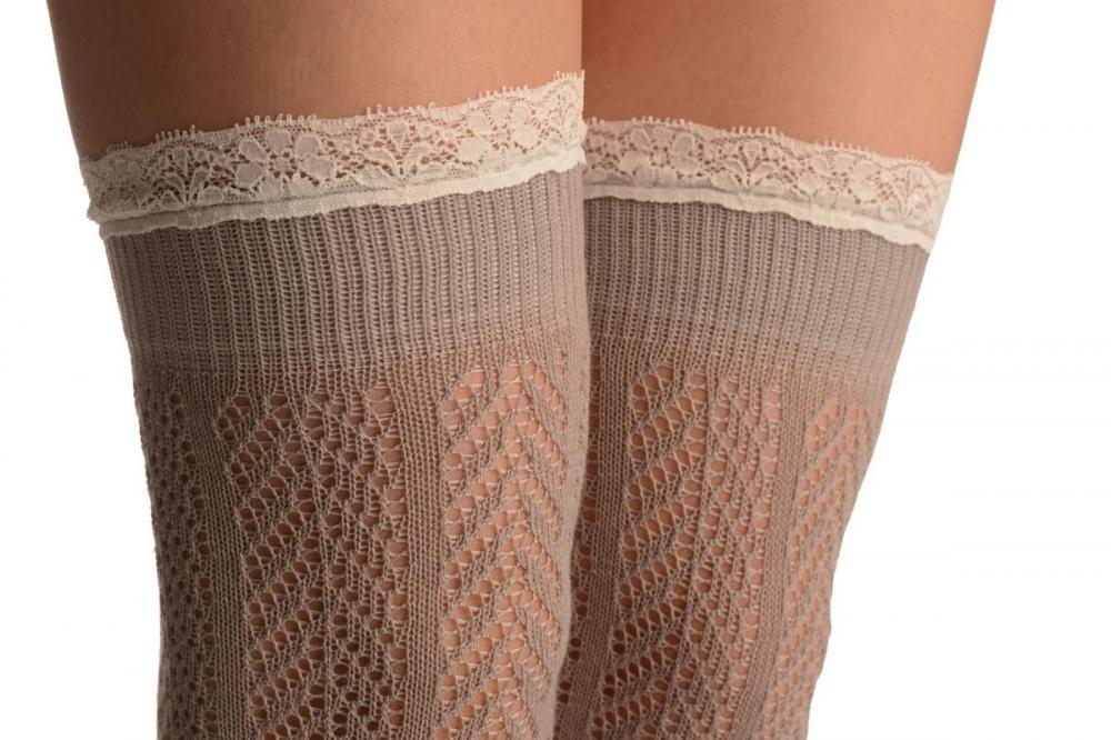 Liss Kiss Grey Chevron Crochet Knit With Lace Trim - Over The Knee Socks